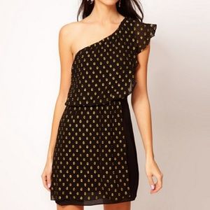 Designer Greylin Asymmetric Black & Gold Foil Silk Dress for Anthropologie